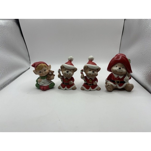 Set Of 4 Homco Christmas Figurines Bears, Elf - Picture 1 of 11